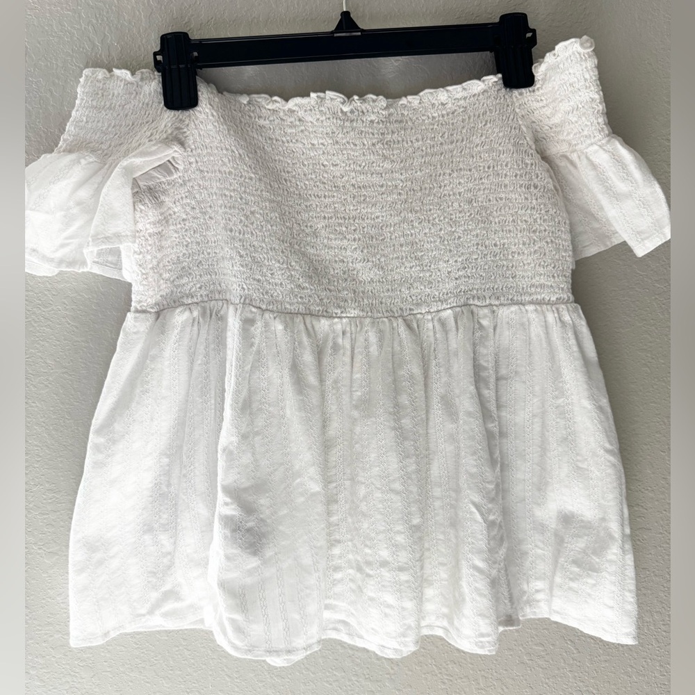 American Eagle Outfitters White Off-Shoulder Smocked Peplum Top